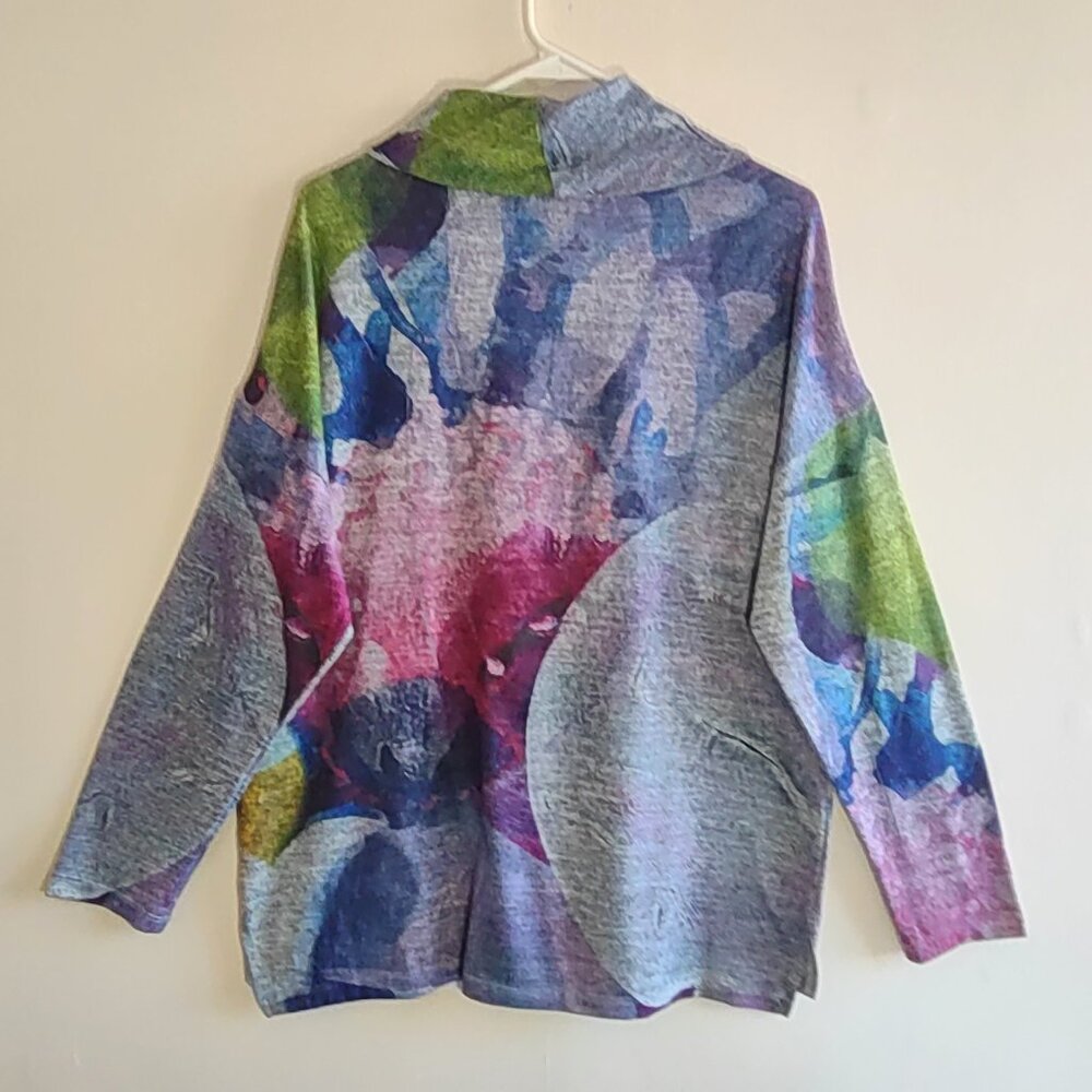 Claire Desjardins Cowl Neck Tunic Top Artsy Watercolor Abstract Florals Sz Large - Picture 3 of 8